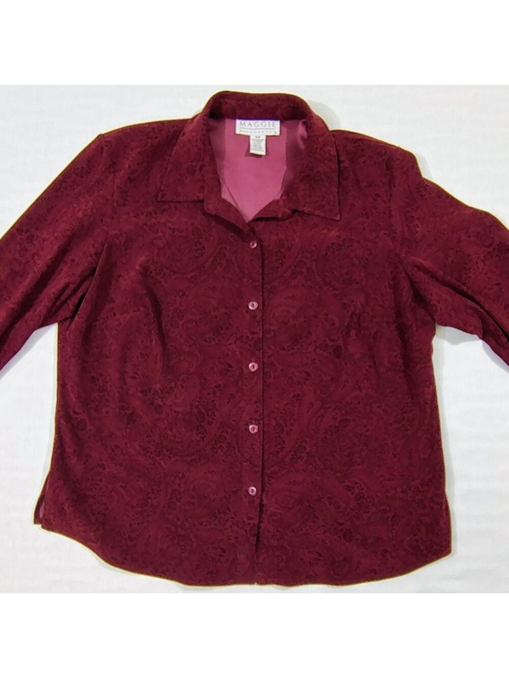 Maggie McNaughton Button Up Shirt Womens Size 18W Paisley Burgundy Long Sleeves